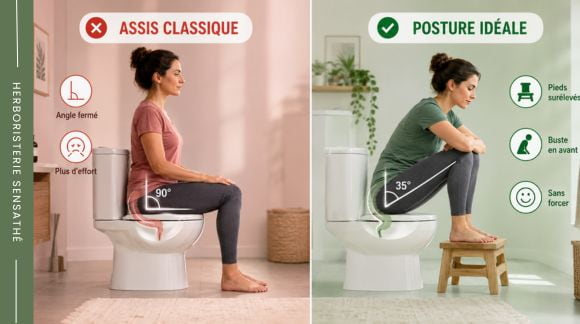 Position aux toilettes  comparaison entre la position assise classique et la posture idéale avec les pieds surélevés sur un tabouret - Herboristerie Sensathé